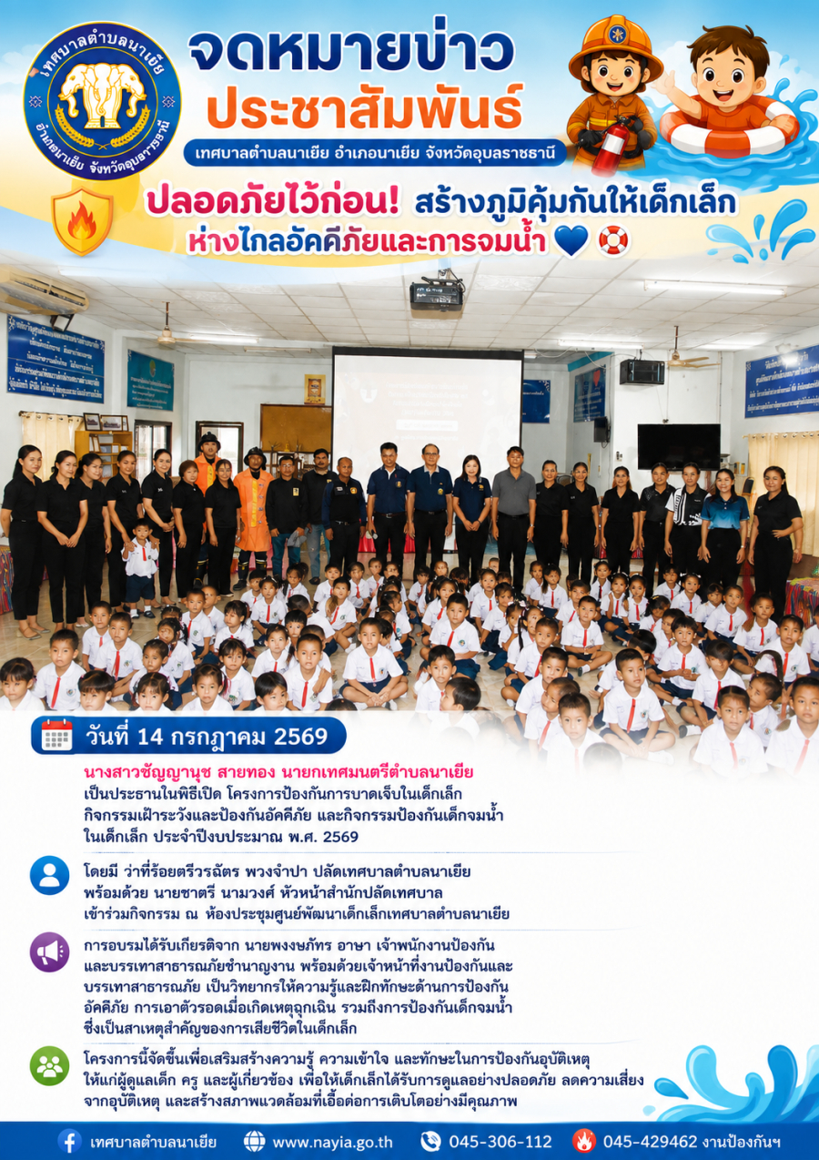 โครงการป้องกันการบาดเจ็บในเด็กเล็ก กิจกรรมเฝ้าระวังและป้องกันอัคคีภัย และกิจกรรมป้องกันเด็กจมน้ำในเด็กเล็ก ประจำปีงบประมาณ พ.ศ. 2569