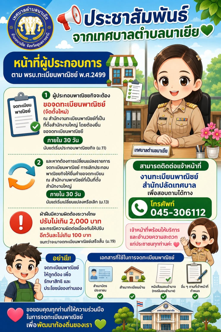 ประชาสัมพันธ์จากเทศบาลตำบลนาเยีย หน้าที่ผู้ประกอบการตาม พรบ.ทะเบียนพาณิชย์ พ.ศ.2499 ผู้ประกอบพาณิชยกิจจะต้องขอจดทะเบียนพาณิชย์(จัดตั้งใหม่)