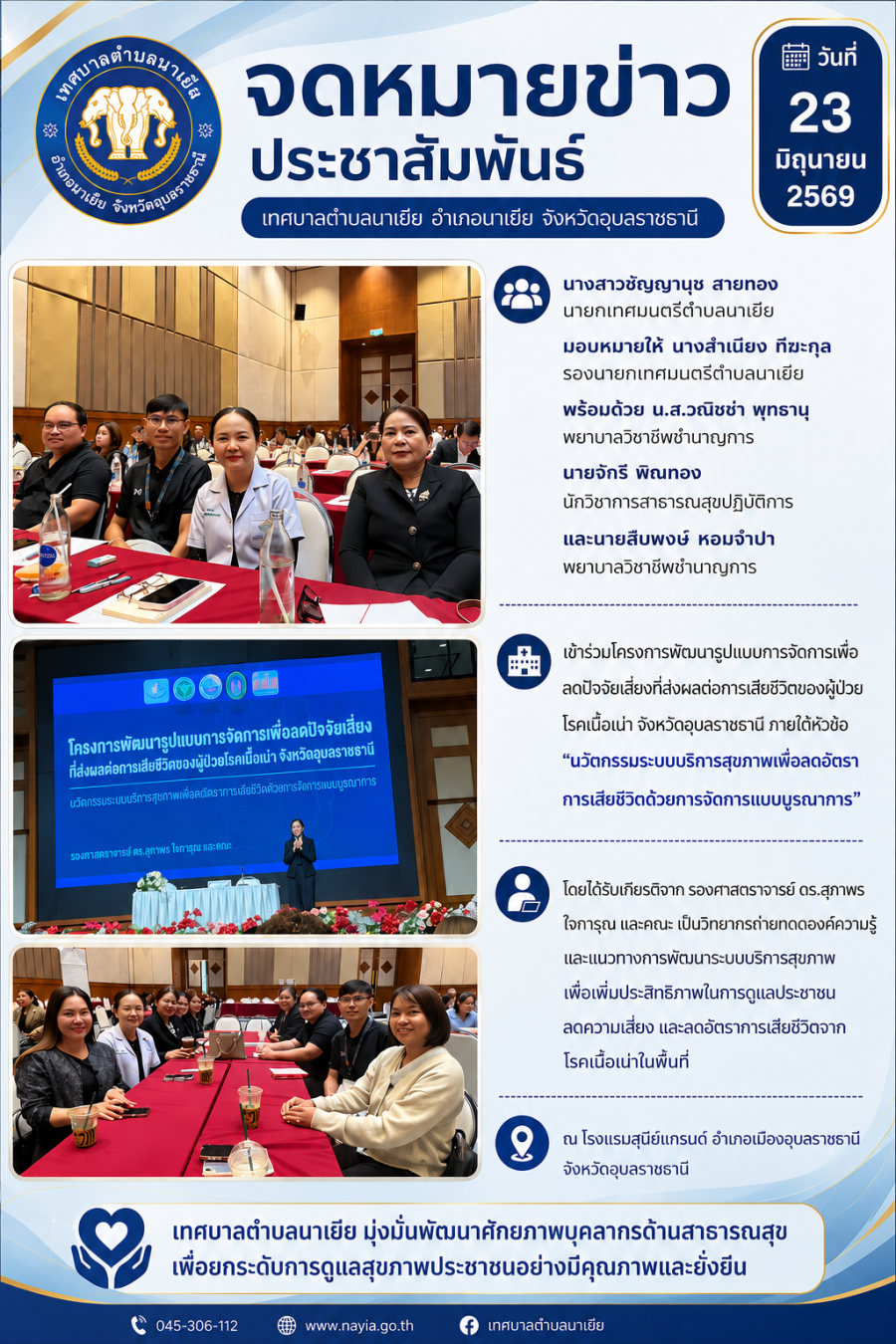 เข้าร่วมโครงการพัฒนารูปแบบการจัดการเพื่อลดปัจจัยเสี่ยงที่ส่งผลต่อการเสียชีวิตของผู้ป่วยโรคเนื้อเน่า จังหวัดอุบลราชธานี